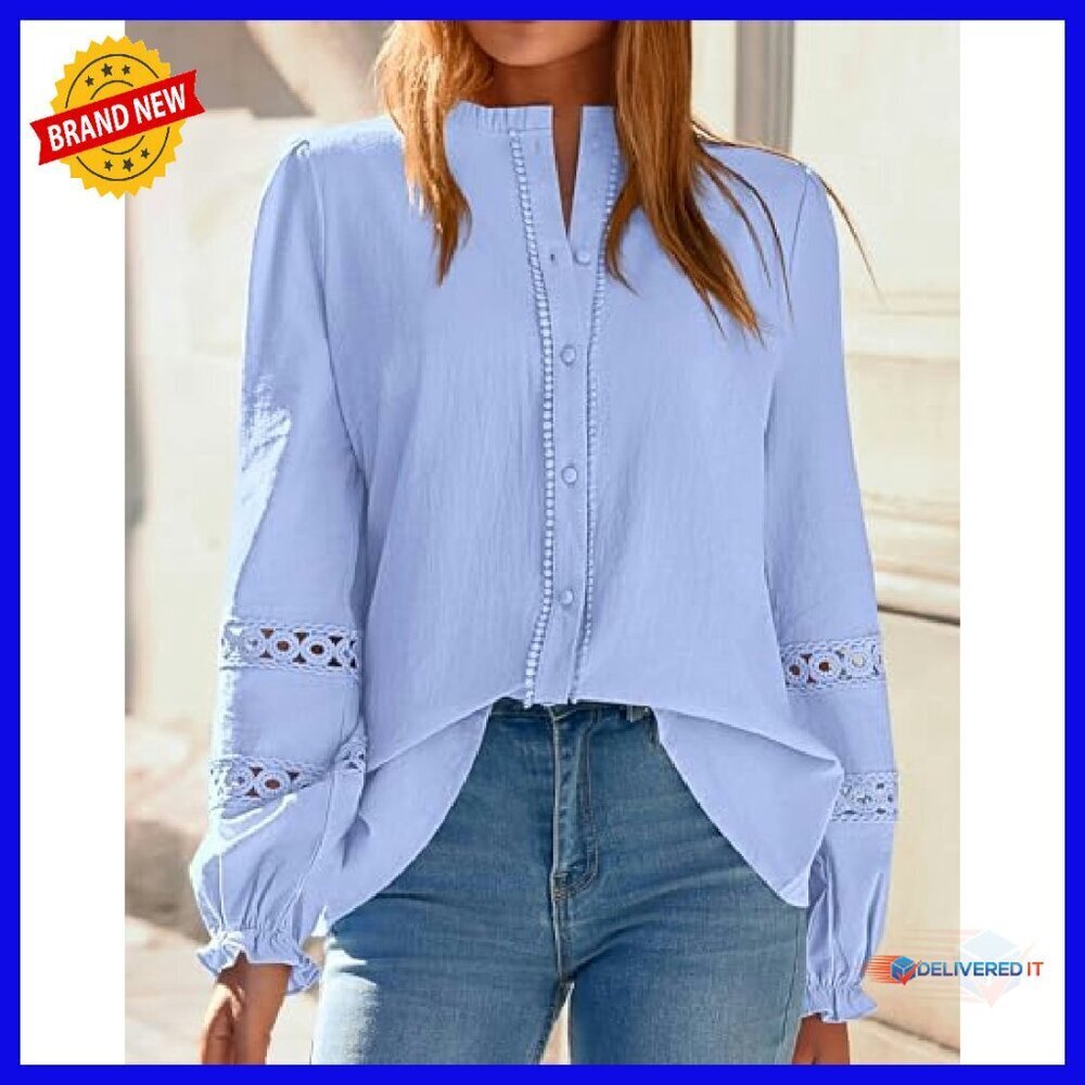 Long Sleeve Cotton Eyelet Blouse Boho Button Up Shirt Women's - Picture 4 of 8
